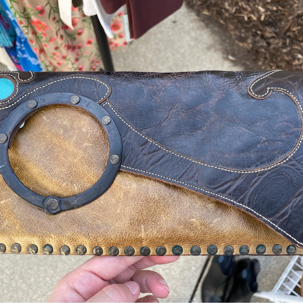 Brown and Tan Leather Clutch with Circular Handle